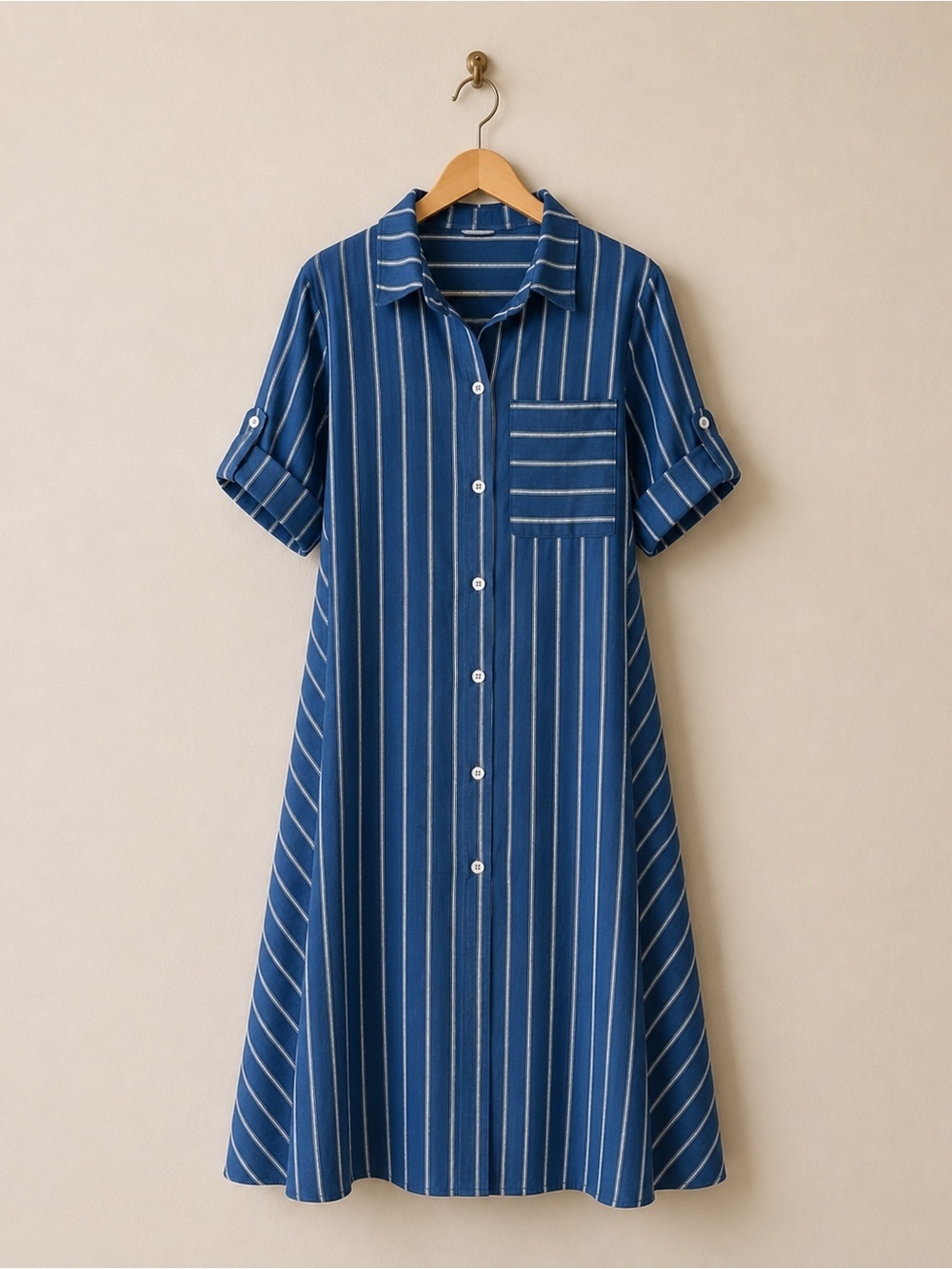 Vanessa Zani Blue & White Striped Button-Front Shirt Dress | Medium